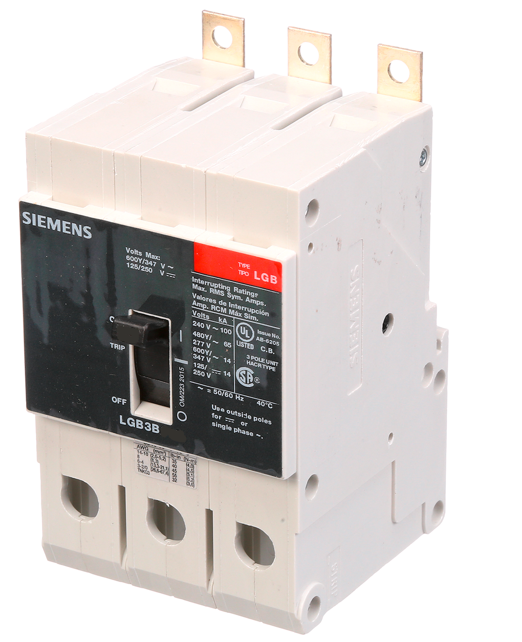 Siemens LGB3B060B Molded Case Circuit Breaker | 600V 60A 3P 100kA@240V Bolt-On VL Series