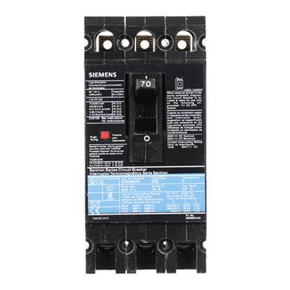Siemens ED63B070 Molded Case Circuit Breaker | 600V 70A 3P 25kA@480V Bolt-On Sentron Series