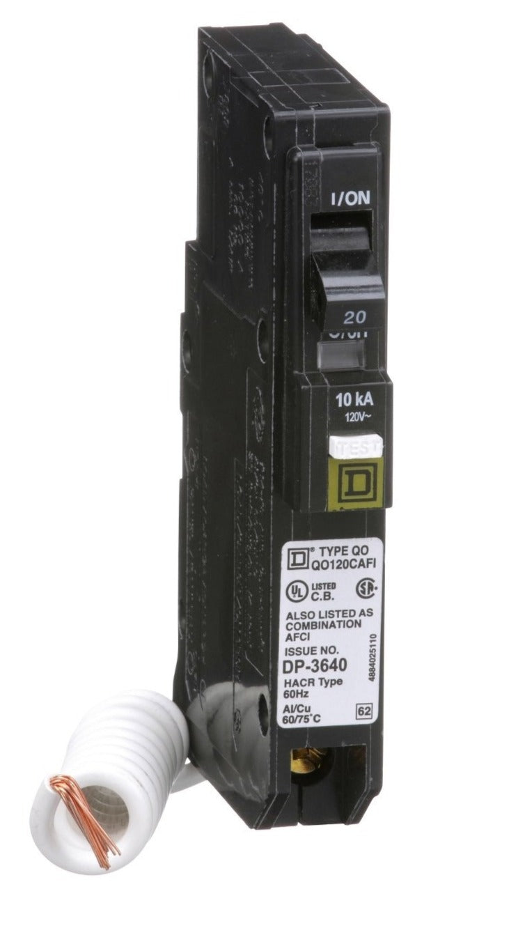 Square D QO120CAFI Circuit Breaker 120V 20A 1P 10kA@120V Plug-In QO Series