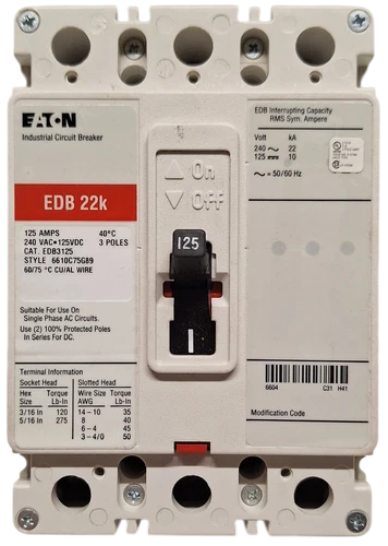 Cutler Hammer EDB3125BP10 Molded Case Circuit Breaker | 240V 125A 3P 22kA@240V Bolt-On Series C