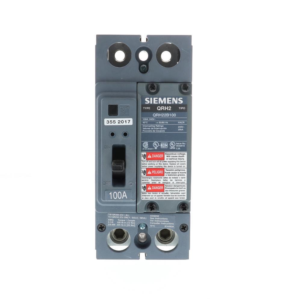 Siemens QRH22B100L Circuit Breaker | 240V 100A 2P 25kA@240V Feed-Thru QR Series