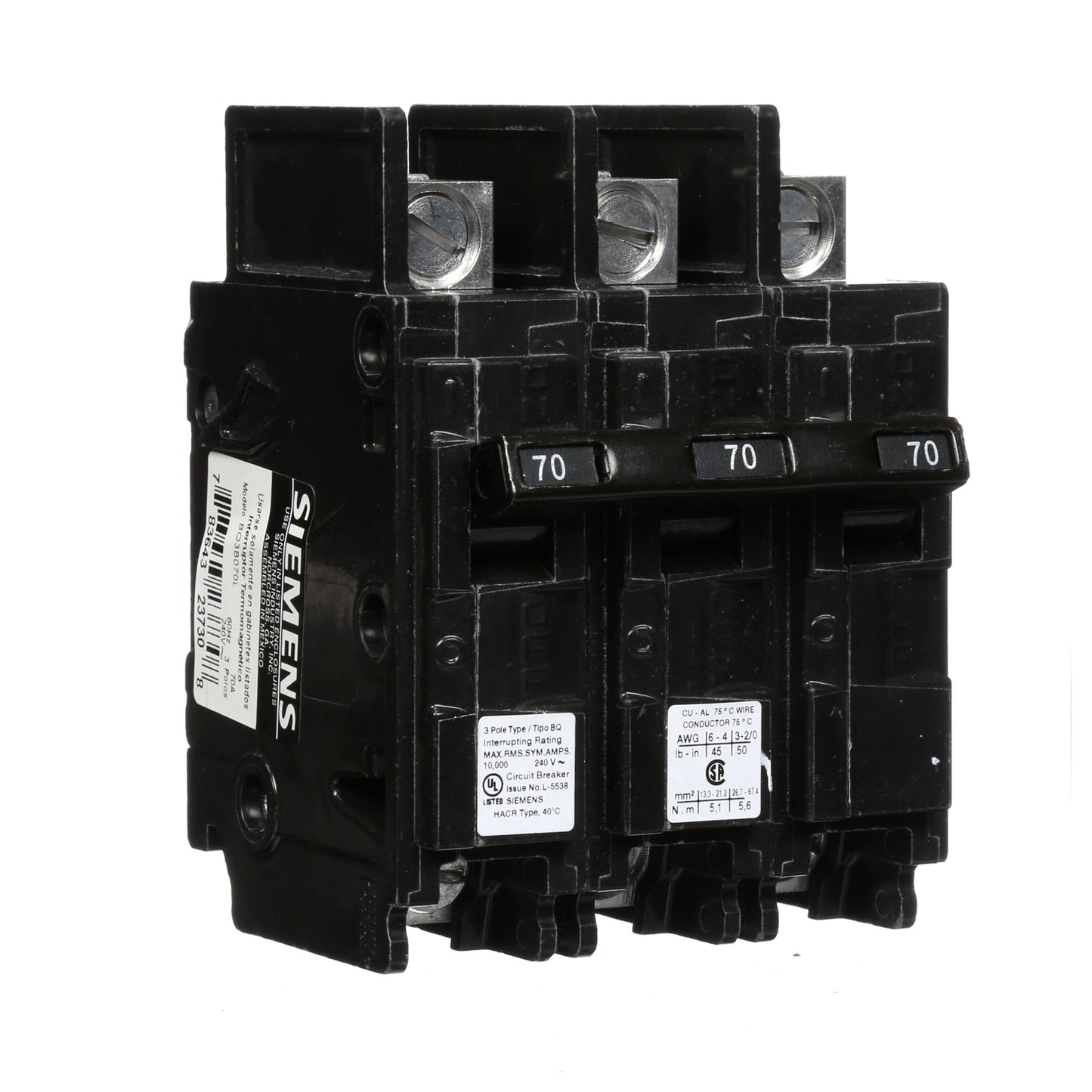 Siemens BQ3B070L Circuit Breaker | 240V 70A 3P 10kA@240V Feed-Thru BQ Series