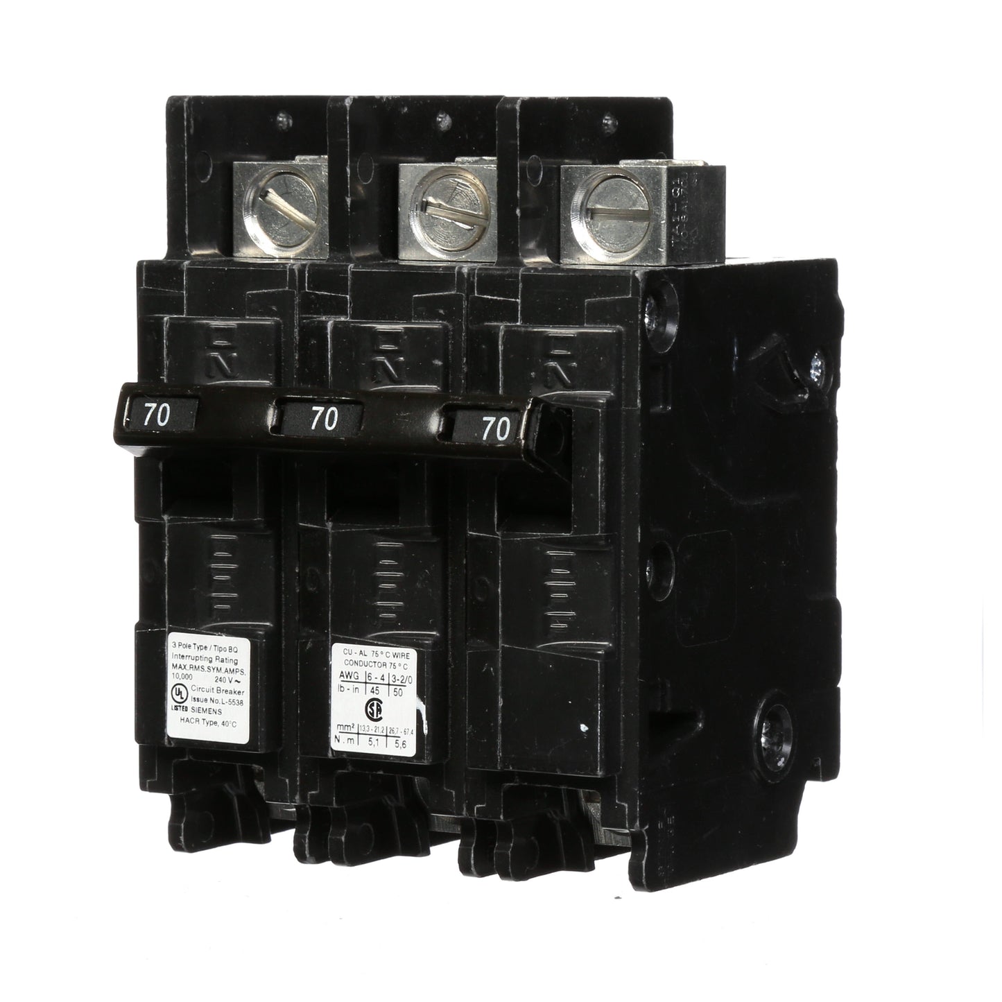 Siemens BQ3B070L Circuit Breaker | 240V 70A 3P 10kA@240V Feed-Thru BQ Series