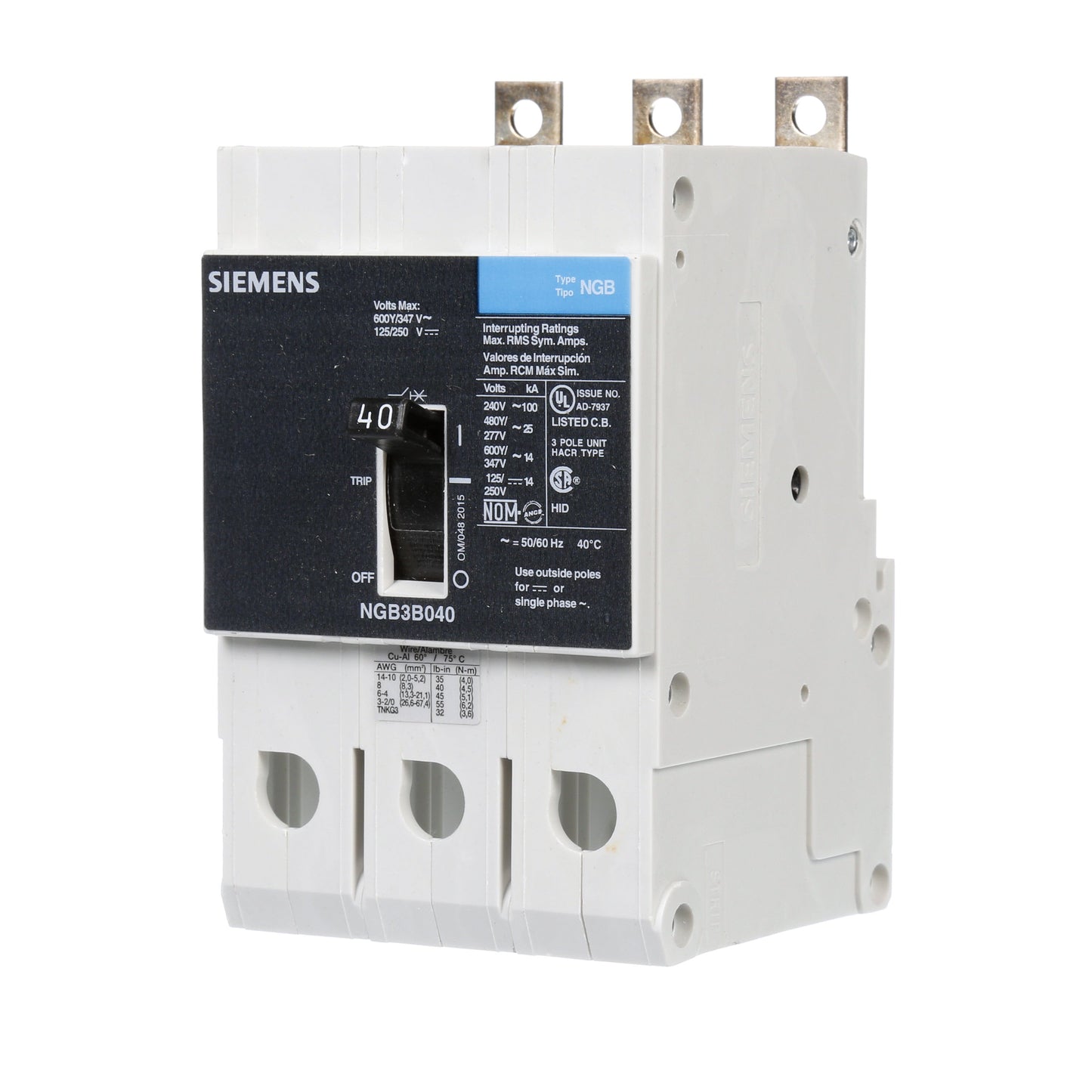 Siemens NGB3B040 Circuit Breaker | 600V 40A 3P 25kA@480V Bolt-On VL Series
