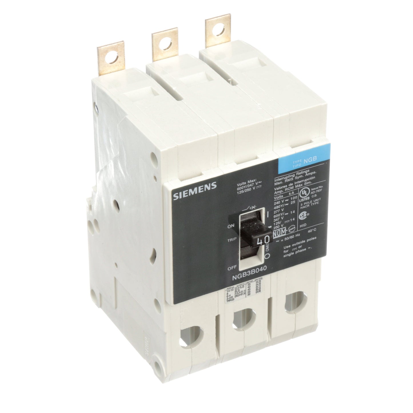 Siemens NGB3B040V Circuit Breaker | 600V 40A 3P 25kA@480V Bolt-On VL Series