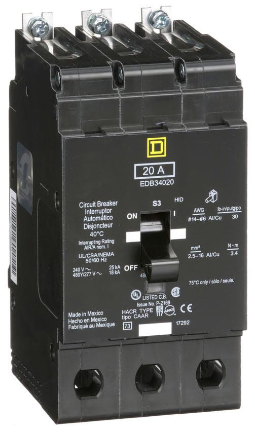 Square D EDB34020 Circuit Breaker | 480Y/277V 20A 3P 18kA@480V Bolt-on EDB Series