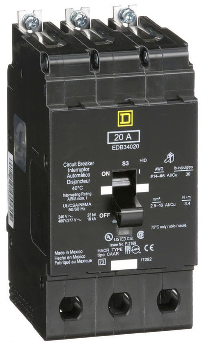 Square D EDB34020 Circuit Breaker | 480Y/277V 20A 3P 18kA@480V Bolt-on EDB Series