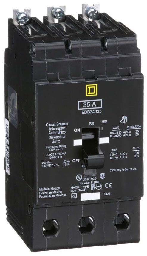 Square D EDB34035 Circuit Breaker 480Y/277V 35A 3P 18kA@480V Bolt-on EDB Series