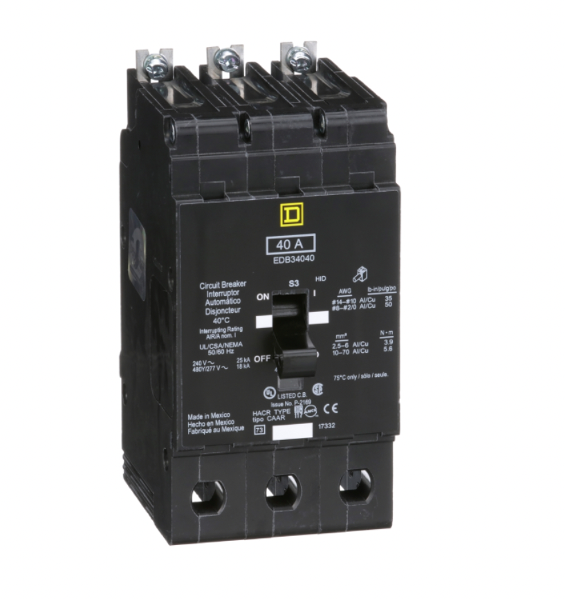 Square D EDB34040 Circuit Breaker | 480Y/277V 40A 3P 18kA@480V Bolt-on EDB Series