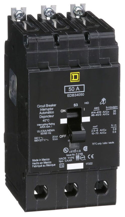 Square D EDB34050 Circuit Breaker | 480Y/277V 50A 3P 18kA@480V Bolt-on EDB Series