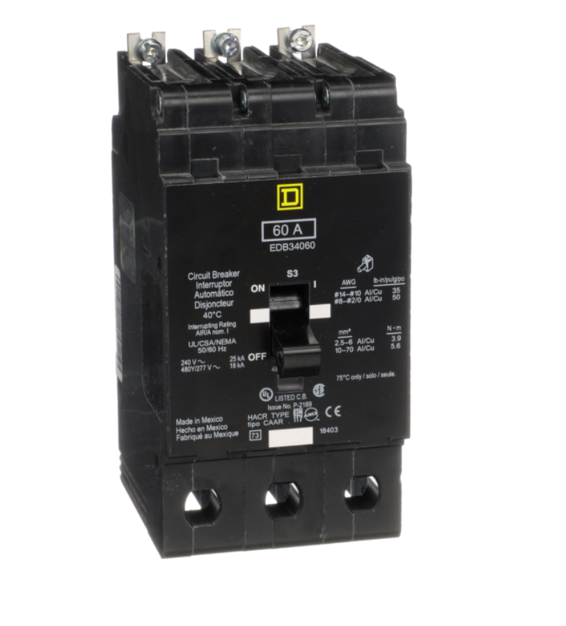 Square D EDB34060 Circuit Breaker | 480Y/277V 60A 3P 18kA@480V Bolt-on EDB Series