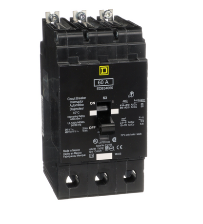 Square D EDB34060 Circuit Breaker | 480Y/277V 60A 3P 18kA@480V Bolt-on EDB Series