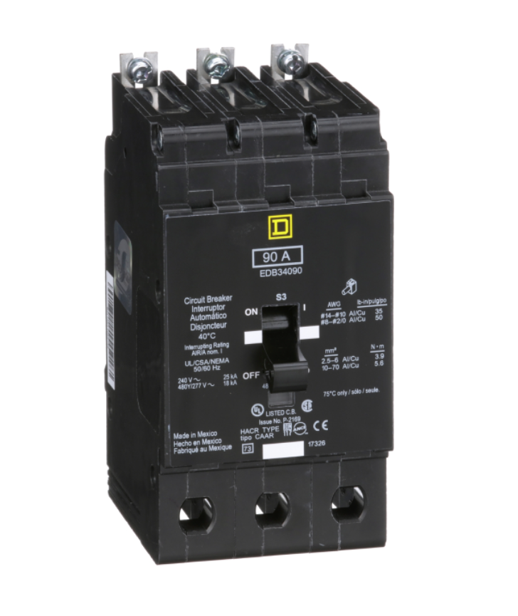 Square D EDB34090 Circuit Breaker 480Y/277V 90A 3P 18kA@480V Bolt-on EDB Series