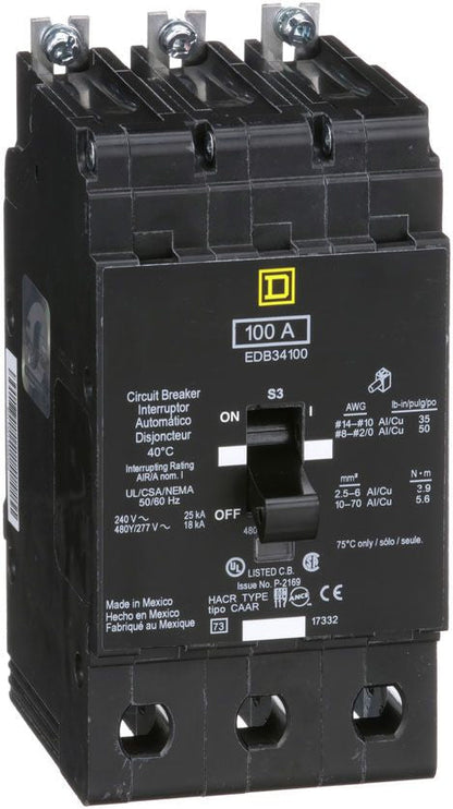 Square D EDB34100 Circuit Breaker | 480Y/277V 100A 3P 18kA@480V Bolt-on EDB Series