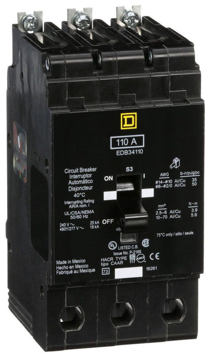 Square D EDB34110 Circuit Breaker | 480Y/277V 110A 3P 18kA@480V Bolt-on EDB Series