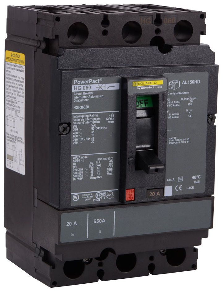 Square D HGF36150 Circuit Breaker | 600V 150A 3P 35kA@480V Bolt-On Powerpact
