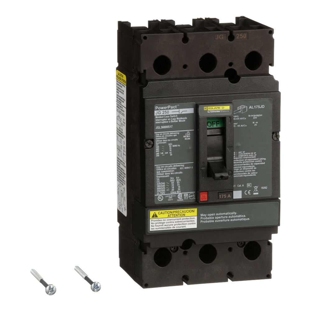 Square D JGL36000S17 Circuit Breaker | 600VAC 175A 3P 35kA@480V Feed-Thru Powerpact